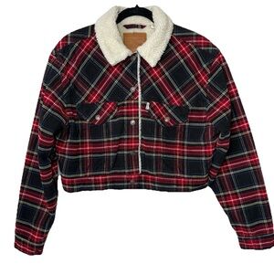 Levis Ex-boyfriend Jacket Trucker Plaid Cropped Sherpa Corduroy Black Red Sz M